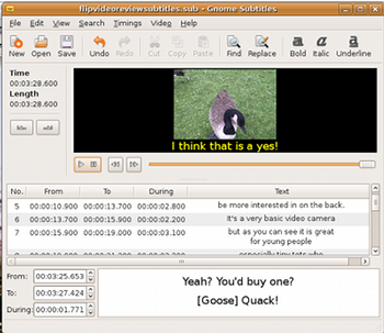 Screenshot of editing subtitles in Gnome Subtitles