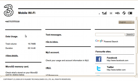 The first page of the admin pages, shows the data usage, number of text messages and links to popular sites