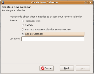 Screenshot of dialogue to add a network based calendar