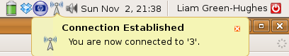 Notification saying "You are now connected to '3'" from the Network Manager