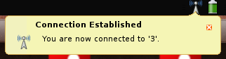 The notification shown by Network Manager upon a successful connection, says "Connected to 3"