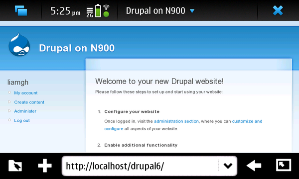 An N900 web browser window showing a local installation of Drupal 6