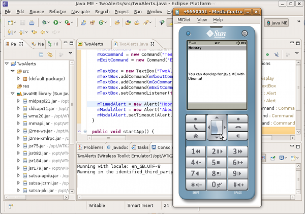 Screenshot of Eclipse being used for Java ME development, running an emualtor with "You can develop for Java ME with Ubuntu!" displayed on its screen.