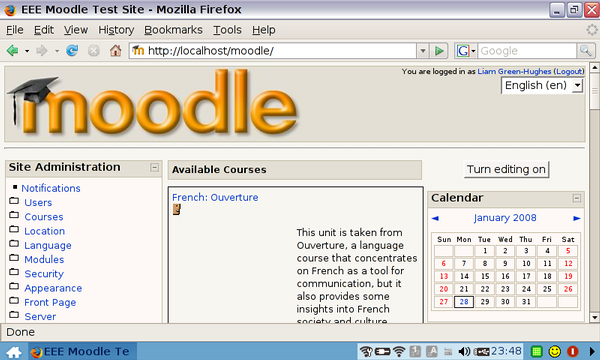 Screenshot of Moodle running on the Asus EEE PC
