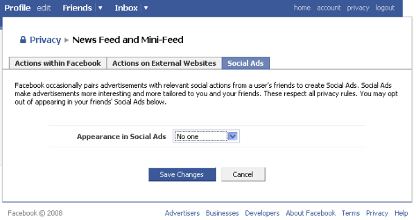 Screen shot of socialads privacy settings page
