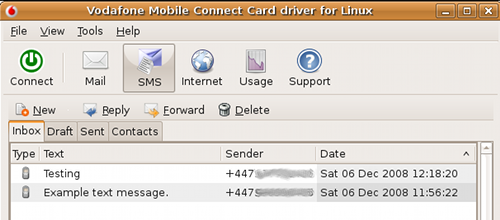 SMS inbox panel and top row buttons in application