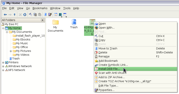 Screen shot showing right click menu options over the package