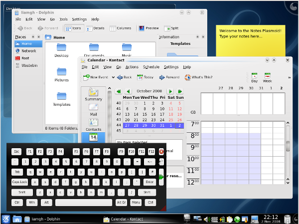 Screenshot of Kubuntu in action, showing a file manager, a PIM application and an on-screen keyboard