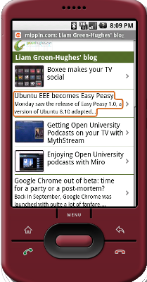 The Mippin site for my blog, rendered on the Google Android emulator