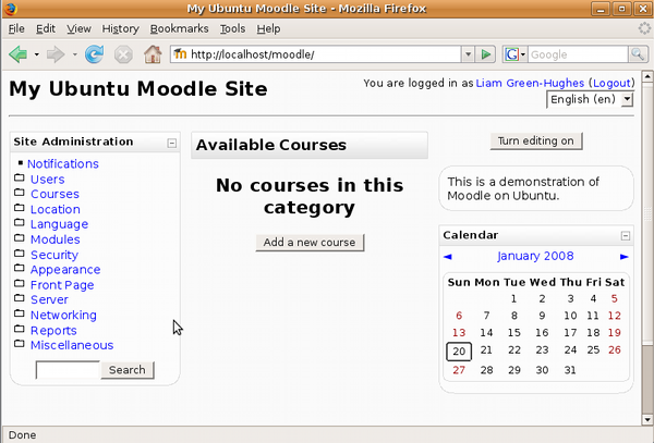 Screenshot of moodle on page to add a new course
