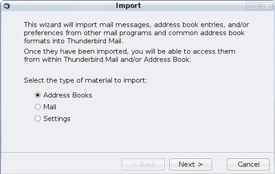Screenshot of Mozilla Thunderbird Address Book import wizard