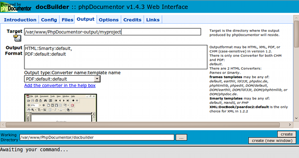 Screenshot of the output tab on PhpDocumentor