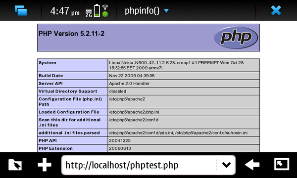 A N900 web browser window showing the output of phpinfo