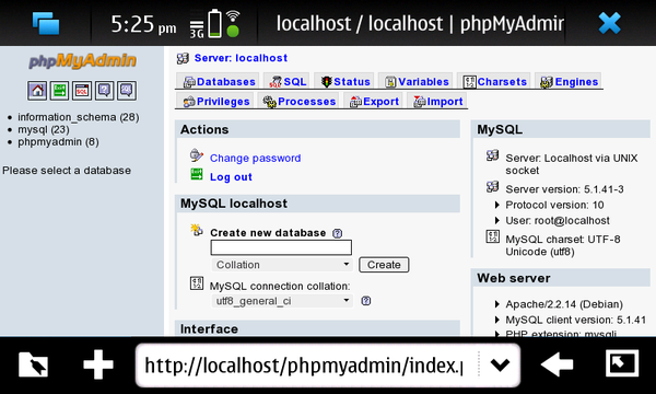 An N900 browser window showing PHPMyAdmin