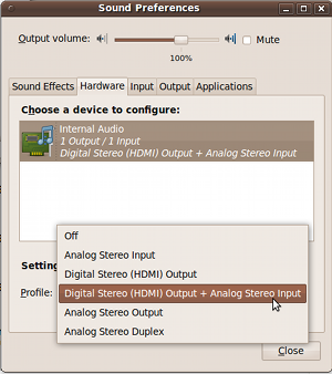 Sound Preferences window in Ubuntu