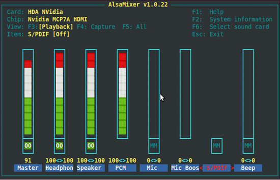 Alsamixer showing SPDIF setting