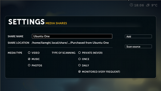 The Boxee settings screen for the Ubuntu One music share