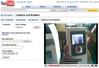 Screenshot of YouTube upload subtitles screen.